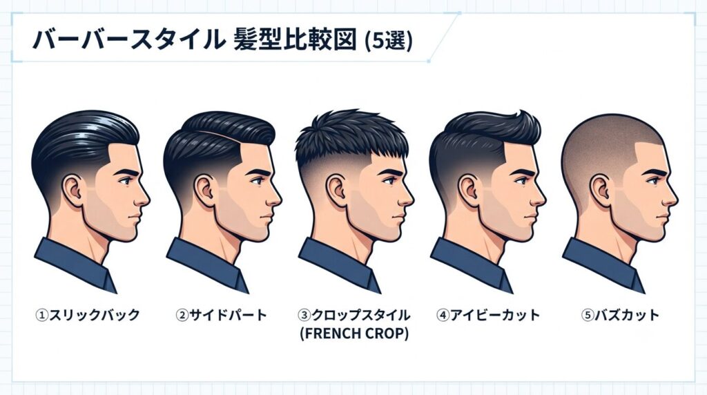 バーバースタイル5種類の比較図。スリックバック、サイドパート、クロップスタイル、アイビーカット、バズカットの横顔を並べたイラスト