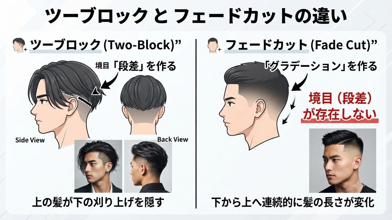 ツーブロックとフェードカットの違いを示した図解。ツーブロックは上の髪と刈り上げの境目に段差ができ、フェードカットは段差がなく下から上へ連続的に長さが変化する