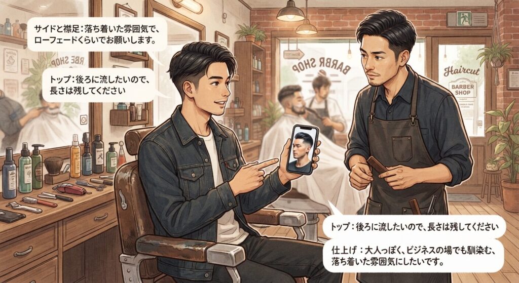 理容室でスマートフォンの写真を見せながら髪型をオーダーしている男性のイラスト